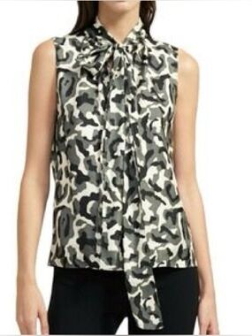 Theory Sleeveless Silk Tie-Neck Camouflage Print Top - Black & White